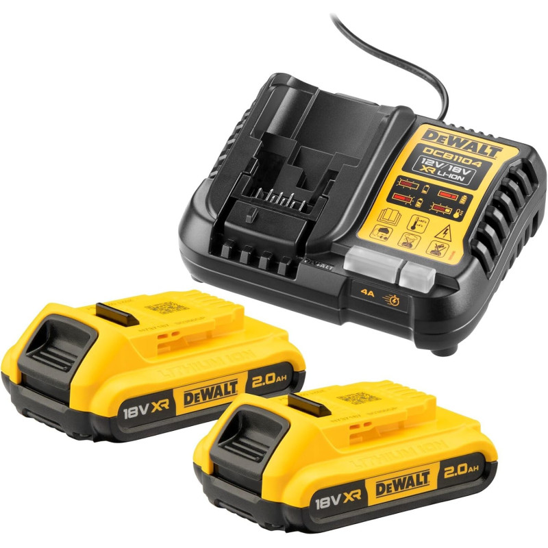 Dewalt 18 Volt / 2.0 Ah Akku Starter-Kit DCB1104D2 (bestehend aus 2x Akkus (DCB183-XJ) & 1x System-Schnellladegerät