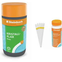 Steinbach | Poolpflege Kristallklar Starter-Set | flüssig, 1 l | mit 50er Teststreifen-Kit | ideal zur Wasserkontrolle |