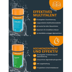 Steinbach | Poolpflege Kristallklar Starter-Set | flüssig, 1 l | mit 50er Teststreifen-Kit | ideal zur Wasserkontrolle |