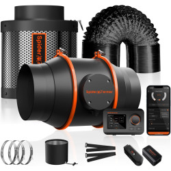 Spider Farmer Abluftset 100mm/4 Inch Rohrventilator mit GGS Temp Feucht Controller, WiFi App Steuerung, Aktivkohlefilter