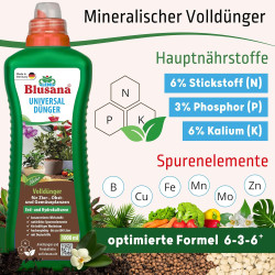 Blusana Premium Universal Flüssigdünger NPK Dünger 6-3-6 für Zierpflanzen Obst- und Gemüse Hydrokultur Erde Hydroponik
