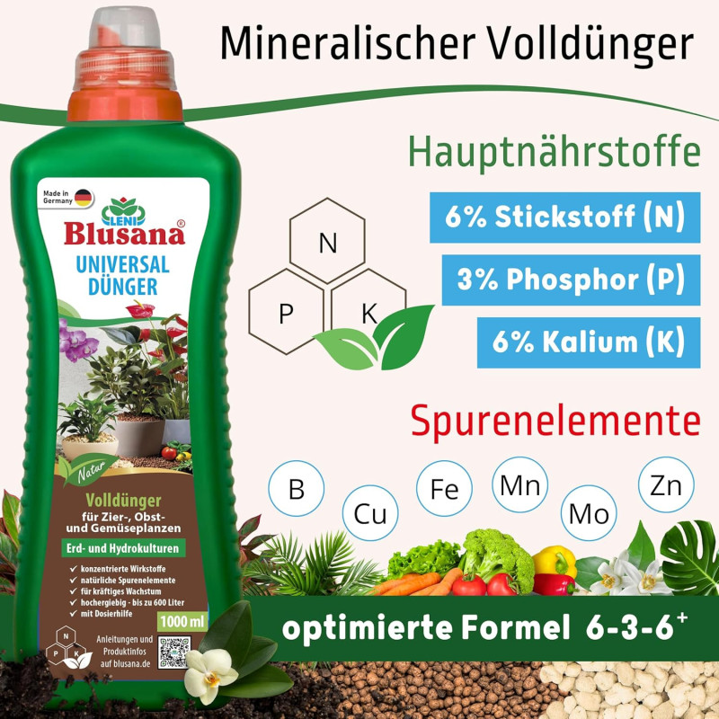 Blusana Premium Universal Flüssigdünger NPK Dünger 6-3-6 für Zierpflanzen Obst- und Gemüse Hydrokultur Erde Hydroponik