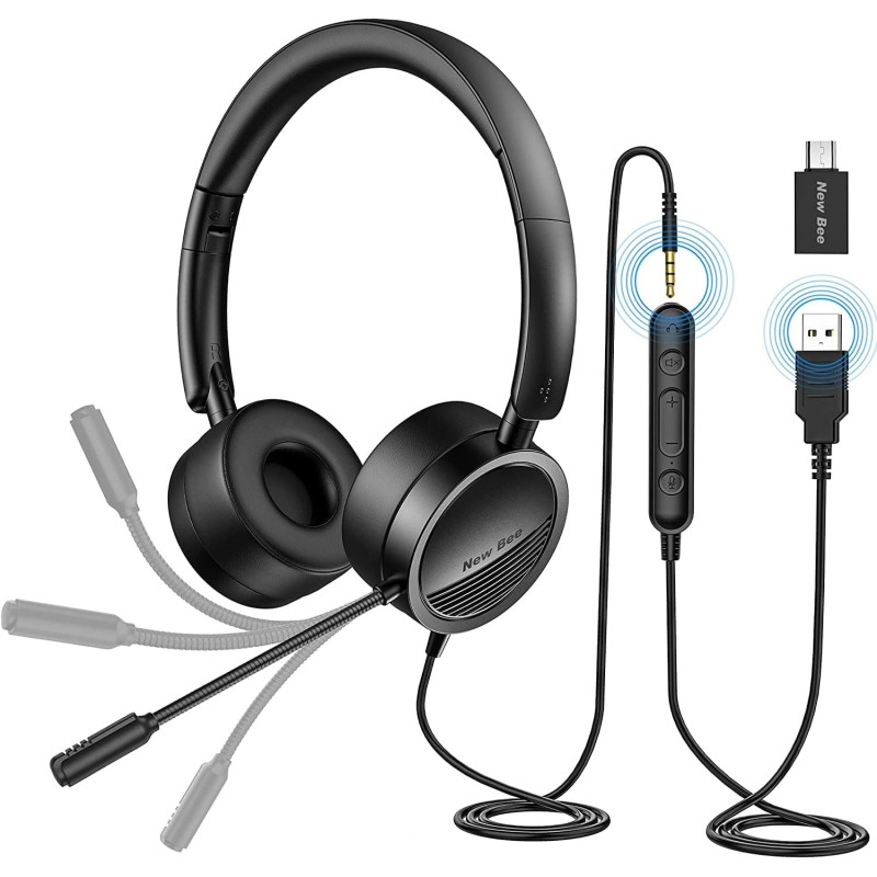 PC Headset mit Mikrofon New Bee USB/3,5mm Business Headset Noise Cancelling & Klare Stereo-Sound für Call Center Office PC Headset mit Mikrofon New Bee USB/3,5mm Business Headset Noise Cancelling & Klare Stereo-Sound für Call Center Office