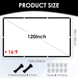 FOYIOLRU Beamer Leinwände 265 x 150 cm (120") Hochauflösende Verdickte Beamer Leinwand, Format 16:9 HD Faltbare Leinwand Beamer