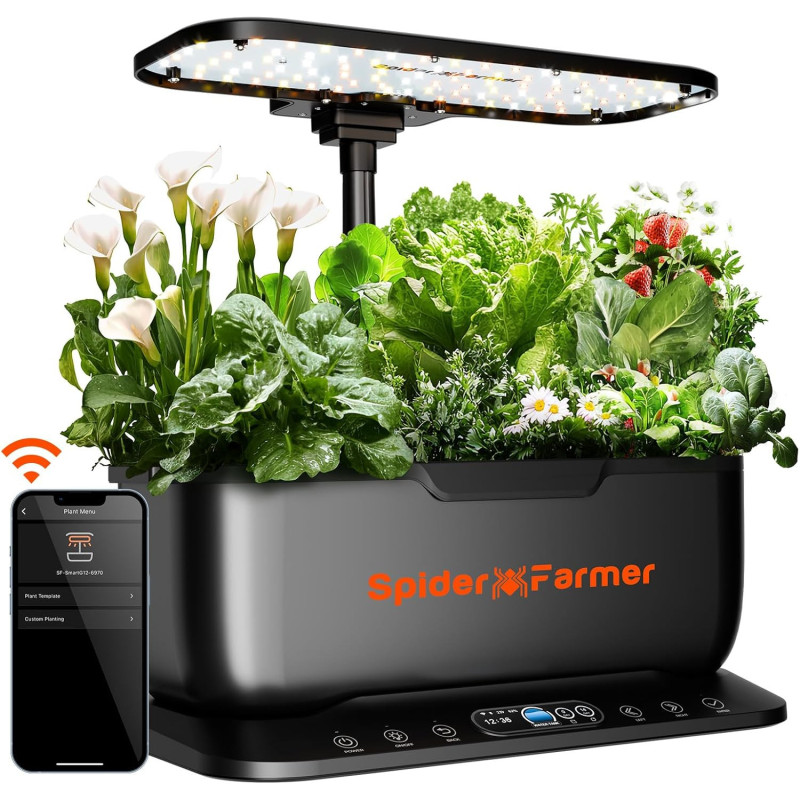 Spider Farmer SmartG12 Hydroponisches Anzuchtsystem, 12-Pods Indoor Garten mit 36W LED Pflanzenlampe Full-Spectrum, APP und WiFi
