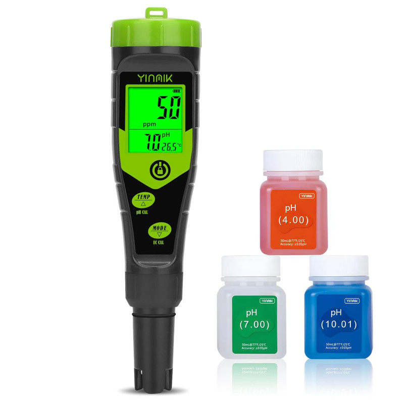 YINMIK pH EC Messgerät Pool pH Tester 4 in 1 Leitfähigkeitsmessgerät PPM Tester Gleichzeitige Messung von pH, EC, Temperatur und