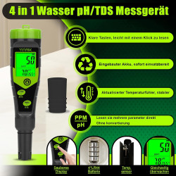 YINMIK pH EC Messgerät Pool pH Tester 4 in 1 Leitfähigkeitsmessgerät PPM Tester Gleichzeitige Messung von pH, EC, Temperatur und