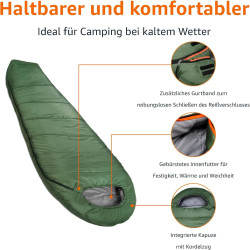Amazon Basics Schlafsack für kaltes Wetter, zum Camping und Wandern, leicht, Mumienschlafsack, Olivgrün