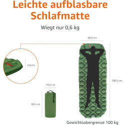 Amazon Basics Camping-Isomatte, leicht, wasserdicht, mit Fußpumpe, 5,6 cm dick, Olivgrün, M