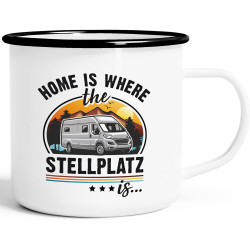 Moonworks® Emaille-Tasse Camping Home is where the Stellplatz is Geschenke für Camper Wohnmobil Spruch lustig