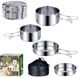 Logei Camping Kochgeschirr Set，Camping Geschirr Set 304 Edelstahl Kochtopf mit Pfanne Outdoor Kochgeschirr Tragbar Camping