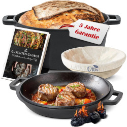 Ottia Gusseisen Topf, Deckel als Pfanne, Brot backen, Eintopf, Schmortopf, für Induktion, Gas, Camping, Feuer, BBQ, Grill, mit