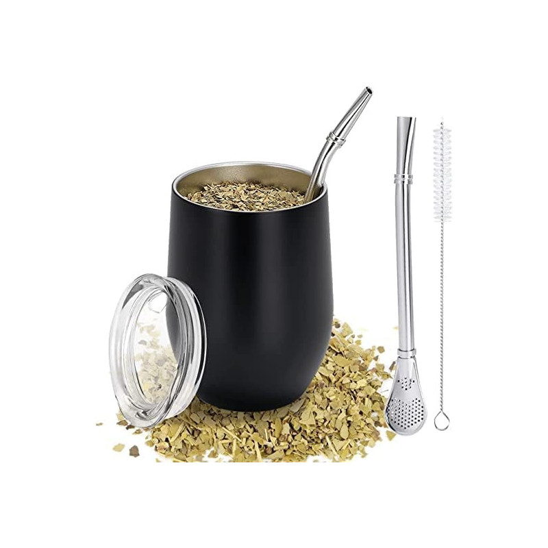 TELANKS Modernes Mate Becher 340 ml, Yerba Mate Cup Set Edelstahl doppelwand isolier Design, Mate Tee Tasse mit BPA-freiem