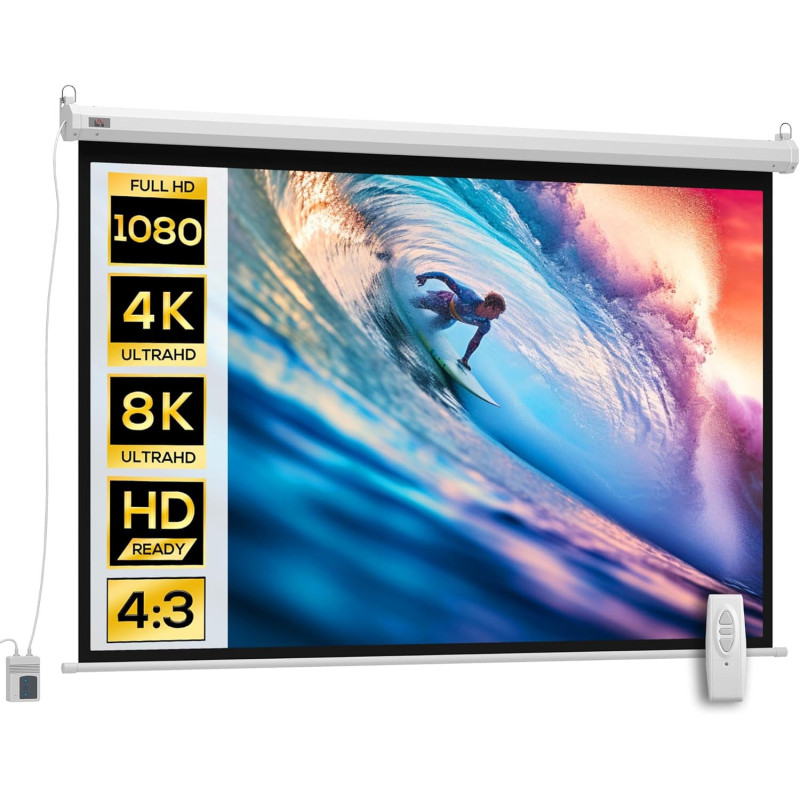HOMCOM Beamer Leinwand 203 x 152 cm 100 Zoll 4:3 HD 4K Projektionsleinwand Elektrische Motor Leinwand mit Fernbedienung für