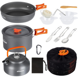 OVERMONT Camping Kochgeschirr Set Outdoor Geschirr Set Kochtopf Set Grillgeschirr Picknick Topf mit Kaffeekanne Teekanne