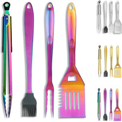 Kyraton Gold Grillbesteck Set 4TLG Kit, Grill Zubehör Set, Titan Gold Beschichtung Edelstahl mit Bakelit Griff Hitzebeständig