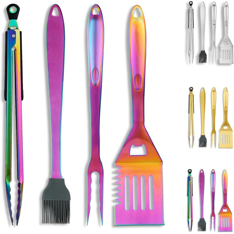 Kyraton Gold Grillbesteck Set 4TLG Kit, Grill Zubehör Set, Titan Gold Beschichtung Edelstahl mit Bakelit Griff Hitzebeständig