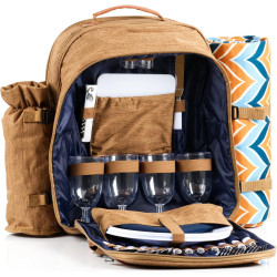 CampFeuer Picknickrucksack für 4 Personen | braun | Picknickset 32-teilig | inkl. Flaschenhalter und Fleece Decke, großem