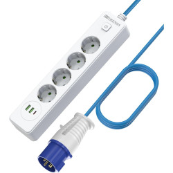 CEE-Adapterleitung 2500W mit 4-Fach Steckdose & USB 2U1C – 5m Camping Kabel (3x1.5mm², blaues Flexkabel) – Für Camping, Küche,