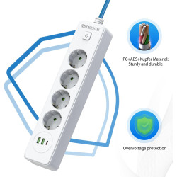 CEE-Adapterleitung 2500W mit 4-Fach Steckdose & USB 2U1C – 5m Camping Kabel (3x1.5mm², blaues Flexkabel) – Für Camping, Küche,