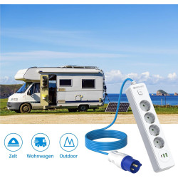 CEE-Adapterleitung 2500W mit 4-Fach Steckdose & USB 2U1C – 5m Camping Kabel (3x1.5mm², blaues Flexkabel) – Für Camping, Küche,
