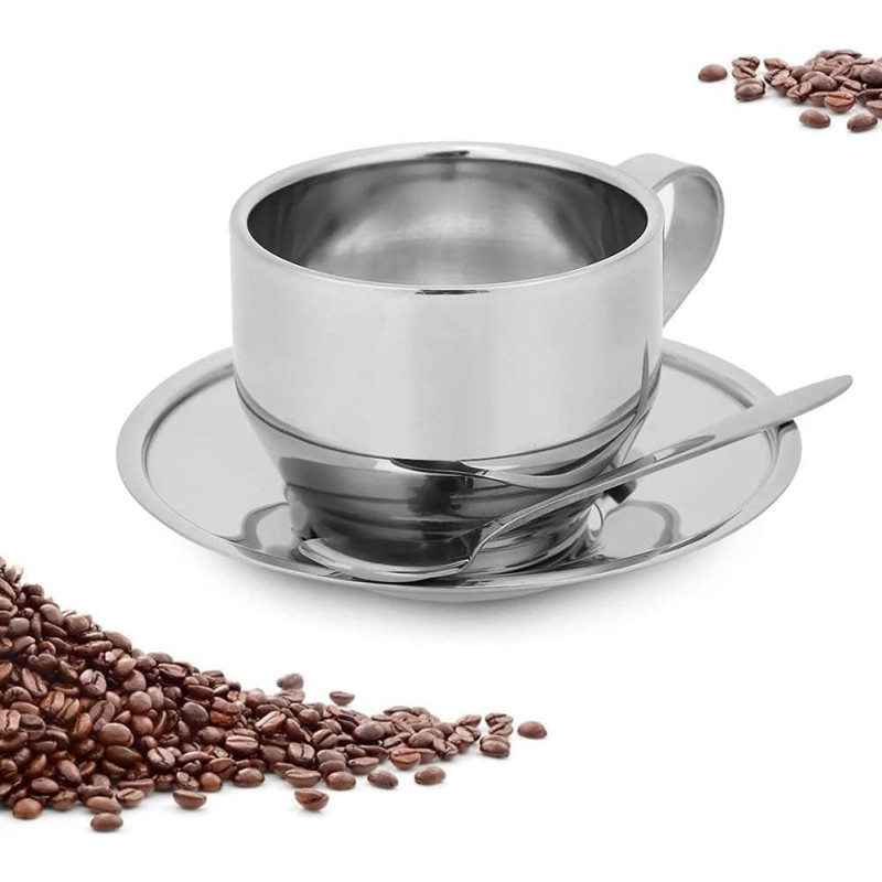 120 ml Edelstahl-Kaffeetassen-Set mit Untertasse, doppellagiger isolierter Kaffeetasse, Metall-Espresso-Tasse, Cappuccino-Tasse