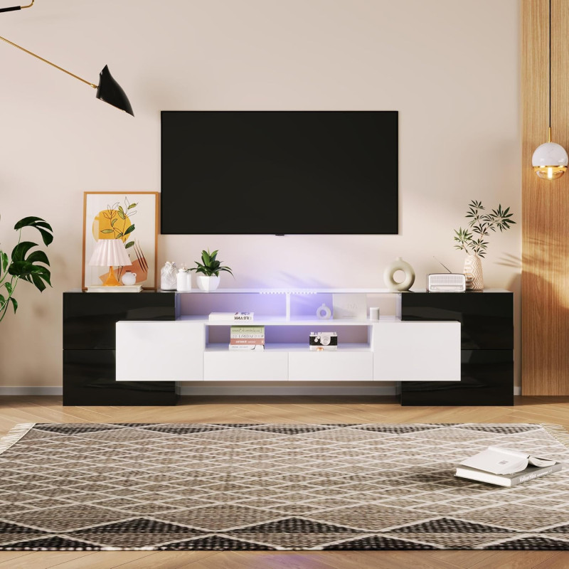 Kayan Moderner TV Schrank, Fernsehtisch mit 6 Schließfach, 2 Schublade und 3 offenes Regal, 200cm lang, Hochglänzendes