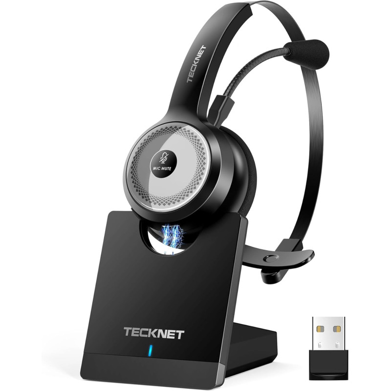 TECKNET Bluetooth PC Headset mit Mikrofon & USB Dongle [45 Std Anrufzeit & 10M Reichweite] kabelloses Headset mit Ladestation,