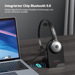 TECKNET Bluetooth PC Headset mit Mikrofon & USB Dongle [45 Std Anrufzeit & 10M Reichweite] kabelloses Headset mit Ladestation,