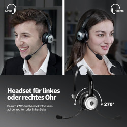 TECKNET Bluetooth PC Headset mit Mikrofon & USB Dongle [45 Std Anrufzeit & 10M Reichweite] kabelloses Headset mit Ladestation,