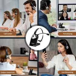 TECKNET Bluetooth PC Headset mit Mikrofon & USB Dongle [45 Std Anrufzeit & 10M Reichweite] kabelloses Headset mit Ladestation,