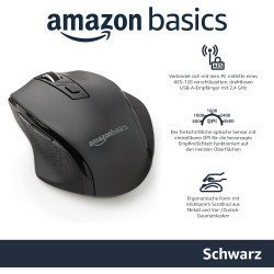 Amazon Basics Ergonomische kabellose USB Maus - DPI einstellbar - Schwarz