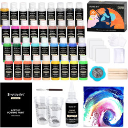 Shuttle Art Acrylfarben-Set – 36 Flaschen (56,7 g) vorgemischte High-Flow Farbe mit Leinwand, Silikonöl, Messbecher, Tischdecken