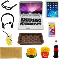 10 Stück Puppenhaus Lernen Zubehör,1:12 Metall Simulation Laptop Tablet Smartphone Mini,Mini Brille Hamburger Pommes Getränke