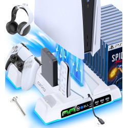 PS5/PS5 Slim/PS5 Pro Ständer mit 3 stufig Lüfter und Licht, PS5 Standfuß mit 4 USB Ports/Controller Ladestation/Headset