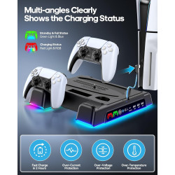 PS5/PS5 Slim/PS5 Pro Ständer mit 3 stufig Lüfter und Licht, PS5 Standfuß mit 4 USB Ports/Controller Ladestation/Headset