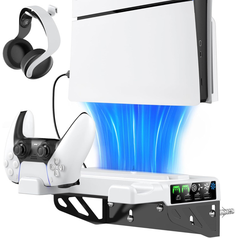 Tokluck PS5/PS5 Slim/PS5 Pro Wandhalterung mit 3 stufig Lüfter und PS5 Controller Ladestation, PS5 Halterung Wand mit Headset