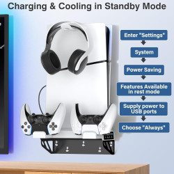 Tokluck PS5/PS5 Slim/PS5 Pro Wandhalterung mit 3 stufig Lüfter und PS5 Controller Ladestation, PS5 Halterung Wand mit Headset