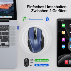 TECKNET Bluetooth Maus, Wiederaufladbare Maus Kabellos(DREI Modi: BT 5.0/3.0 + 2.4G), 4800 DPI, Ergonomische Leise Funkmaus für