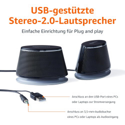 Amazon Basics Stereo-2.0-Lautsprecher für PC oder Laptop, 3,5-mm-AUX-Eingang, USB-Stromversorgung, 1 Paire, Schwarz