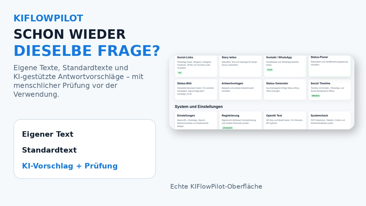 KIFlowPilot-Kampagnenmotiv mit echter Produktoberfläche für Antwortvorlagen und Kundenkommunikation.