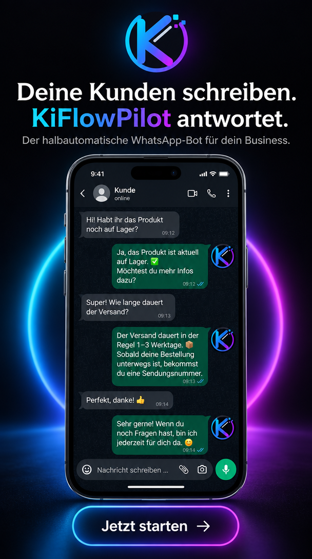 KIFlowPilot Werbemotiv mit WhatsApp-Dialog und KIFlowPilot-Branding