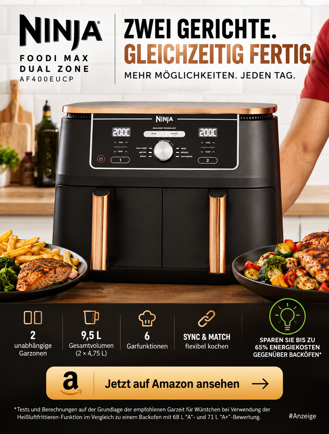 Werbemotiv zur Ninja Foodi MAX Dual Zone AF400EUCP mit zwei Garzonen und zubereiteten Gerichten.