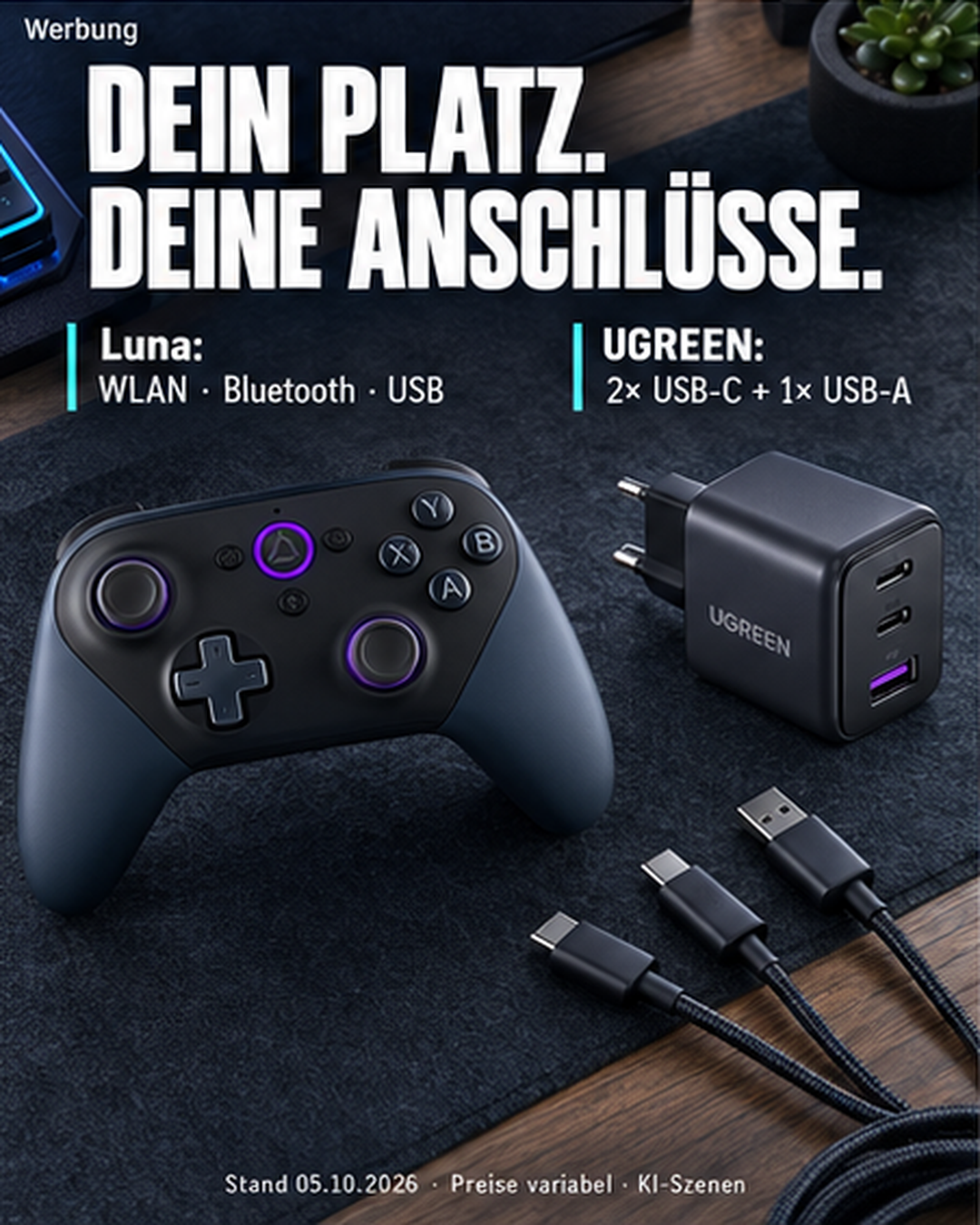 Luna-Controller und UGREEN am Gamingplatz