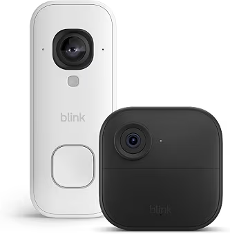 Blink Outdoor 4 Kamera (Außenkamera) mit Blink Videotürklingel 2K+ (festverdrahtet, neueste Gen.), Weiß, inkl. Sync Module Core