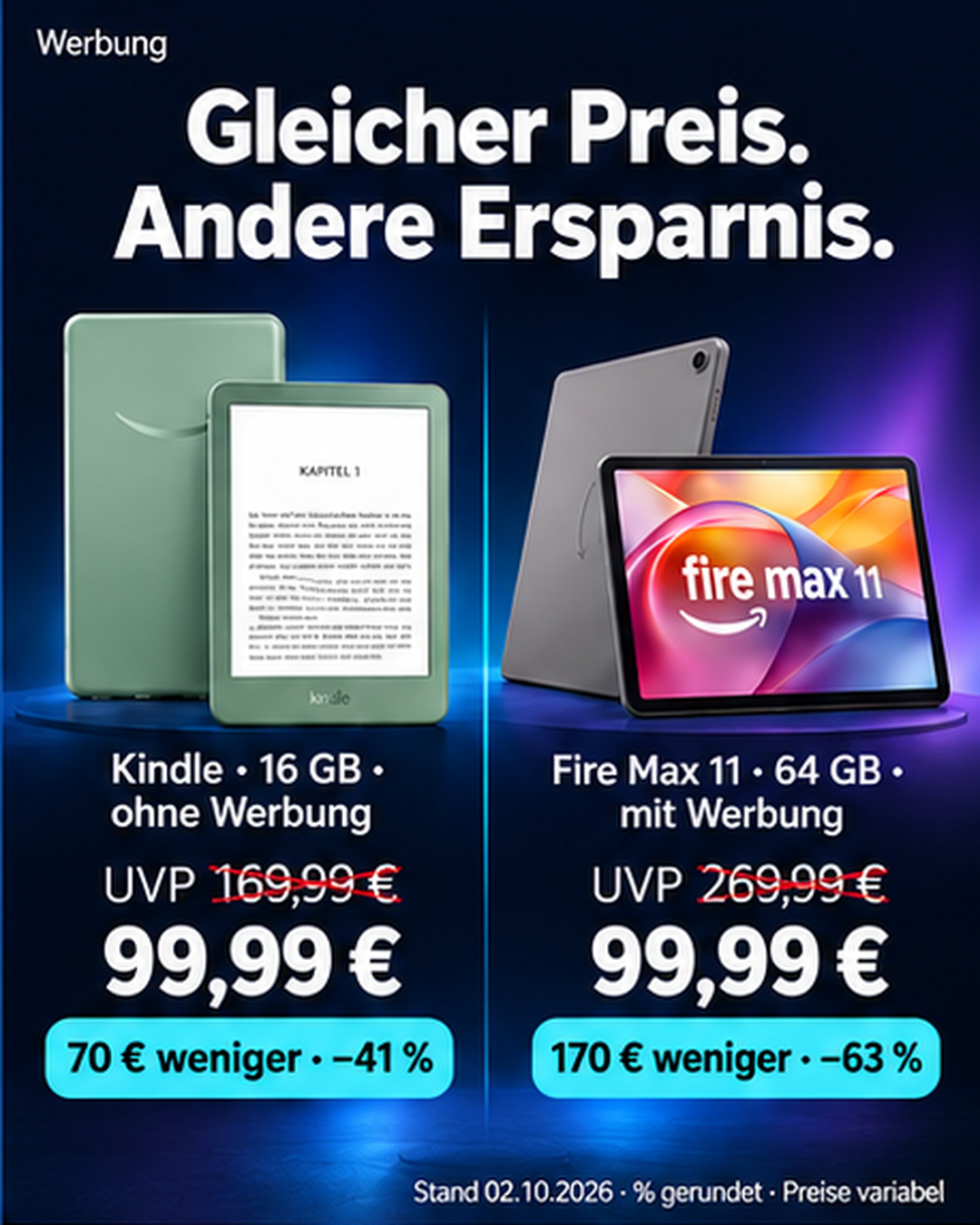 Amazon-Geräteangebote – Kampagnenslide 3: Kindle und Fire für jeweils 99,99 Euro am 02.10.2026