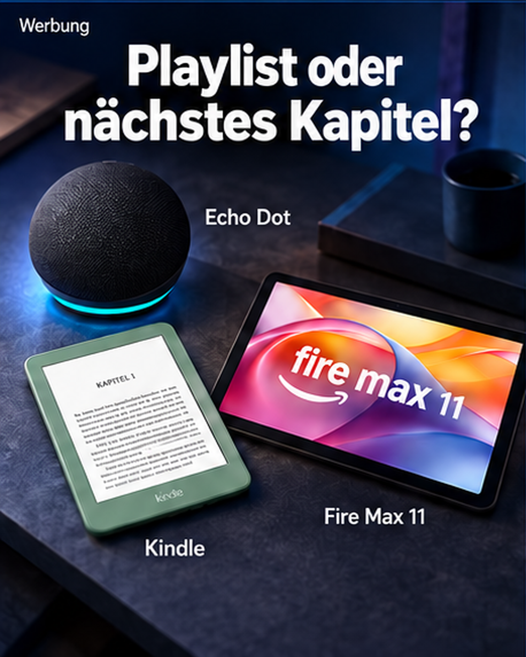 Amazon-Geräteangebote – Kampagnenslide 4: Echo Dot für Musik und Kindle fürs Lesen