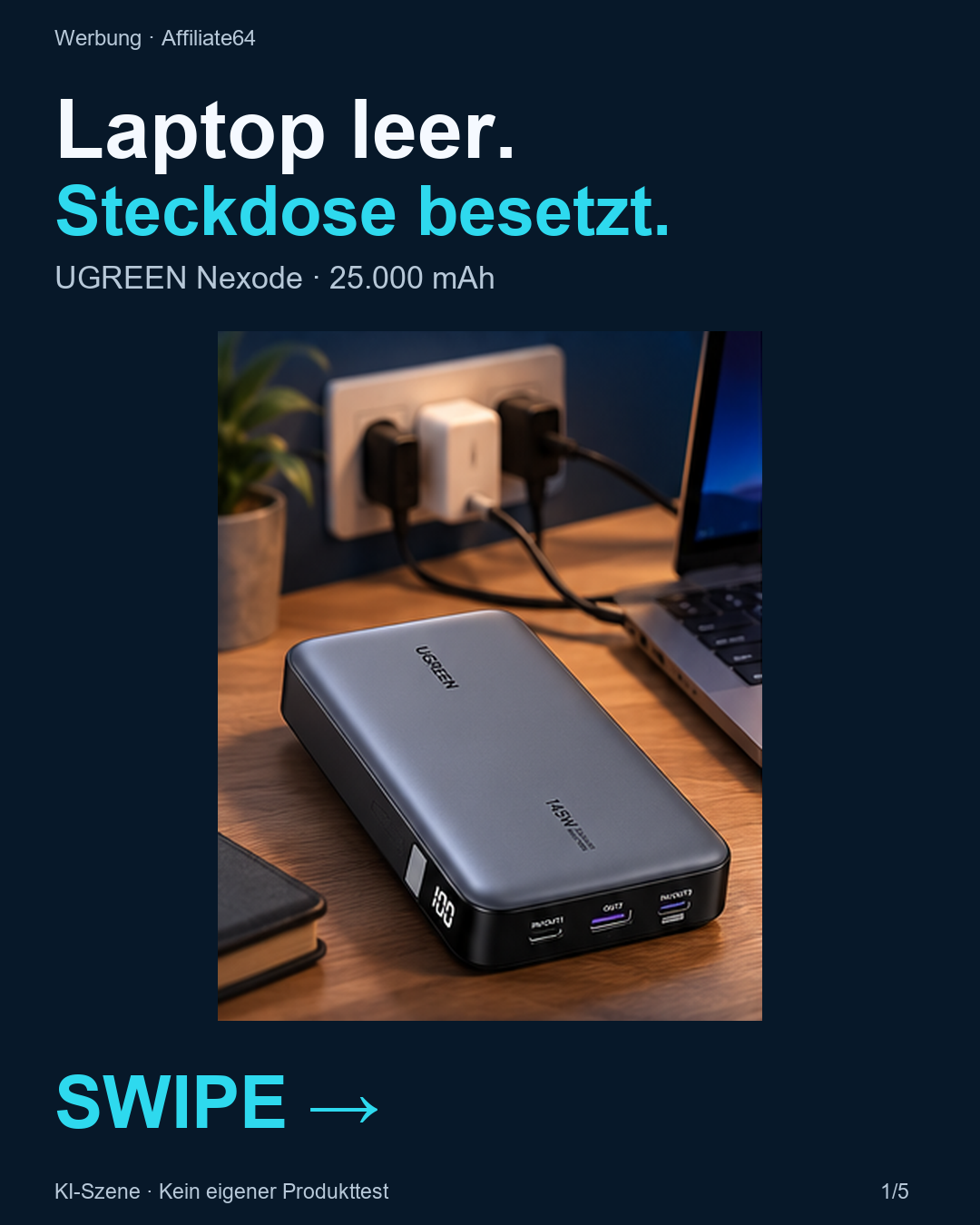 UGREEN Powerbank: Laptop leer, Steckdose besetzt