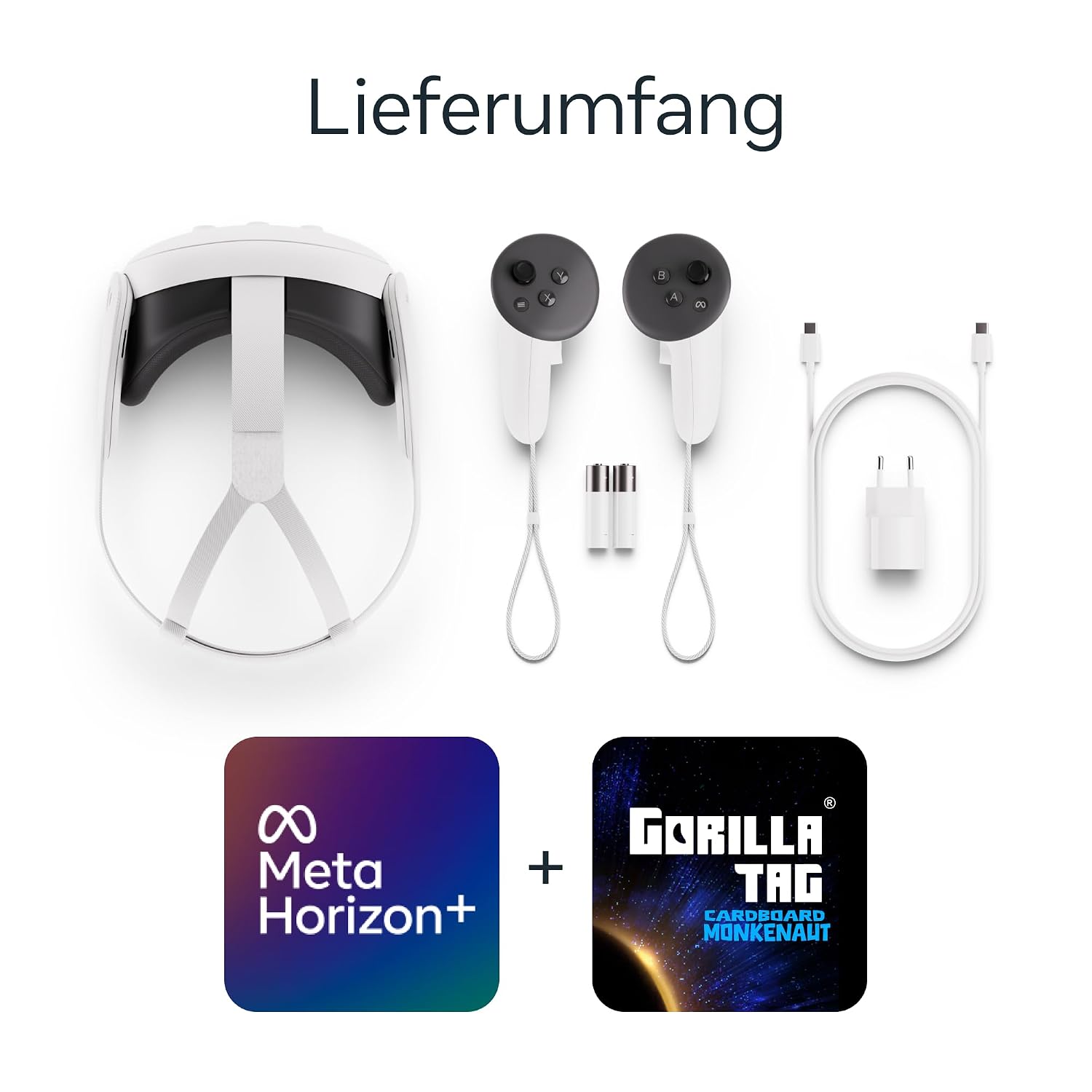 Original-Amazon-Abbildung: Quest-3-Headset, zwei Controller, Batterien, Schlaufen, Netzadapter und Ladekabel sowie Aktionshinweise