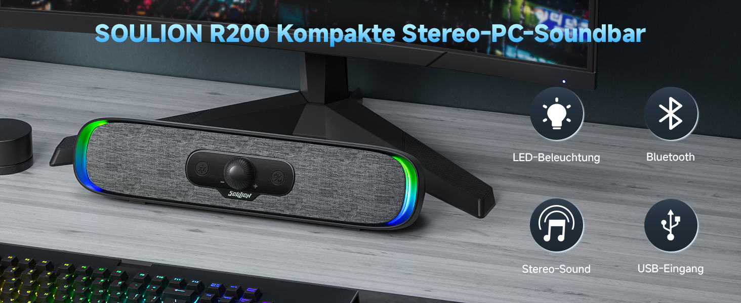 SOULION R200 kompakte Stereo-PC-Soundbar mit LED-Beleuchtung, Bluetooth, Stereoklang und USB-Aufladung. Graue, mit Stoff bezogene Bar mit bunter Kantenbeleuchtung